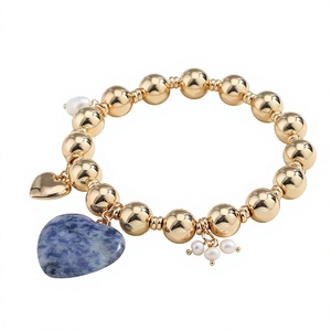 Bracelet perlé plaqué or avec breloque cœur en lapis-lazuli, pendentif perle d'eau douce, bijoux romantiques pour femmes - Product Image 5