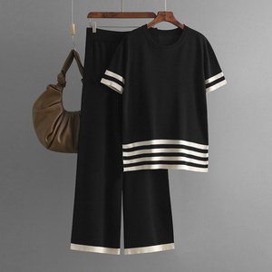 Women's Casual Summer High Waist Slim Pants Set Short Sleeve Knitwear Top with Contrast Stripe-Comfortable & Stylish - Product Image 2