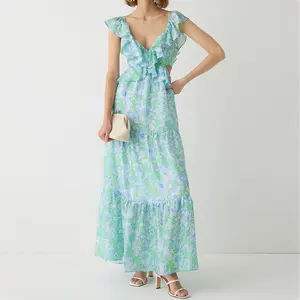 Damen V-Ausschnitt Sommerferien kleid sexy elegante Rüschen besatz Ausschnitt Strand Blumen druck Chiffon Maxi kleid für Damen