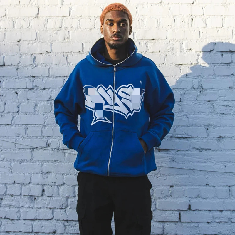 ●EGNARTS●HOODIE PRINTED T-SHIRTS/韓国の若い男 Custom Y2K Transfer Printing Full Zip up Hoodie Men