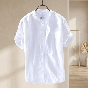 Chemise décontractée pour homme en lin/coton blanc, respirante et confortable, col montant, manches courtes, pour la saison d'automne - Product Image 3