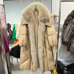 Veste <span class=keywords><strong>longue</strong></span> pour <span class=keywords><strong>femme</strong></span> de haute qualité avec col en fourrure de renard véritable, veste matelassée à capuche en duvet de canard blanc, coupe ample, grande taille, épaisse, pour l'hiver - Product Image 2