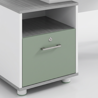 Bureau de direction de luxe en forme de A avec rangement latéral intégré, écologique, convertible, modulaire, panneau de classe E1, pieds en métal blanc