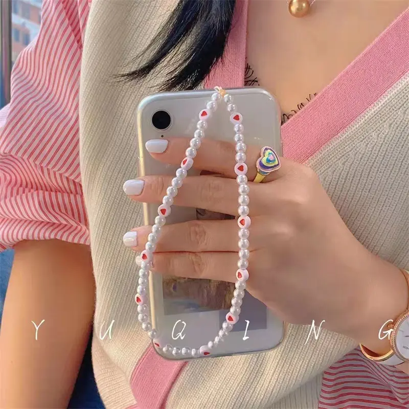 New Original Elegant Pearl Red Heart Bead Phone Chain Strap Lanyard Phone Accessories Chain