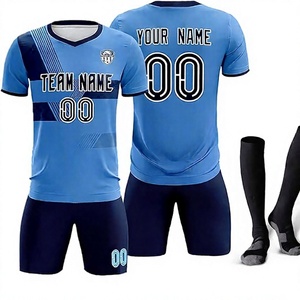 Conjunto de Camiseta de Fútbol Azul Personalizable para Hombre, Manga Corta, Cuello en V, Transpirable, Impermeable, Resistente al Viento, Poliéster, Impresión por Transferencia de Calor, para Equipo - Product Image 1