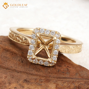 Bague halo en or jaune 14 carats Goldleafgem avec sangle gravée, semi-monture pour diamant de laboratoire de 1 à 5 carats, bijoux de mariage sur mesure - Product Image 3