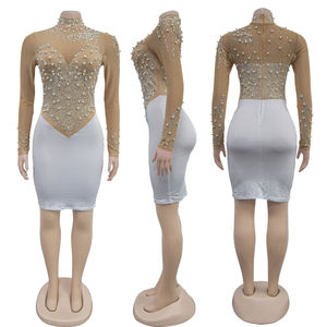 Ihoov เดรสมินิเดรสผู้หญิงแขนยาวประดับลูกปัดตาข่ายสีทึบชุดราตรีประดับเลื่อม - Product Image 2