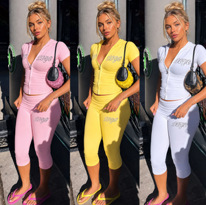 Women's <strong>Rhinestone</strong> Logo 2 Piece Tracksuit Set Short Sleeve Zip up Hooded Top <strong>Leggings</strong> Matching Y2K Activewear Outfit - Product Image 1