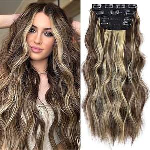 Extensiones de Cabello Sintético con Clip, Onduladas Largas, <span class=keywords><strong>4</strong></span> Piezas, Postizos Gruesos, Rubios con Reflejos Marrón <span class=keywords><strong>Medio</strong></span>, Fibra de Doble Trama, 20 Pulgadas, para Mujer - Product Image 1
