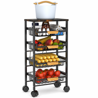 Chariot utilitaire à 5 niveaux avec plateau en bois, panier en fil métallique extractible, étagère de rangement pour fruits et légumes sur roulettes