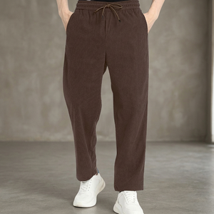 Pantalones Deportivos Vintage de Algodón Peinado Marrón para Hombre, Cintura Elástica con Cordón, Bolsillos Laterales Casuales, Resistentes, Transpirables y Cortavientos - Product Image 3