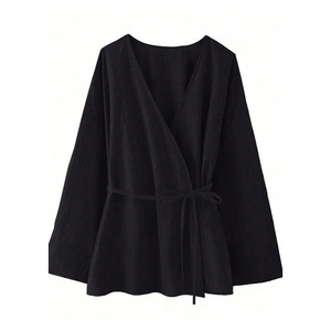 Chemisier noir à col en V pour femme, coupe carrée, manches longues, ceinturé, tissé, décontracté, pour le printemps - Product Image 5