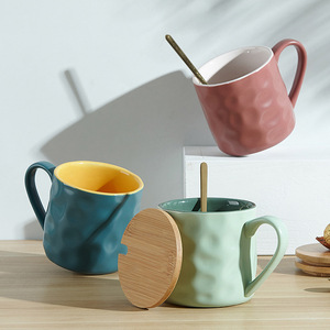 Tasse en céramique avec couvercle et cuillère, motif pierre, porcelaine blanche, tasse à café simple, tasse à eau domestique, style nordique - Product Image 2