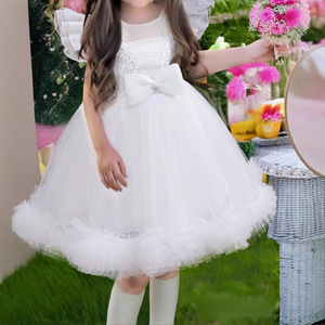 Vestido de tul color borgoña para niñas Baihui, cuello redondo, corte en A, vestido de niña de las flores para fotografía - Product Image 4