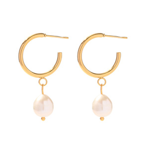 Pendientes de aro con perlas de agua dulce de acero inoxidable para mujer, uso diario - Product Image 5