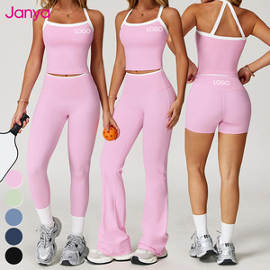 Janya通気性カラーブロッキングスポーツウェアハイウエストジムフィットネスパンツセットホルターヨガタンクトップ女性用2ピースセット - Product Image 1
