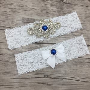 <span class=keywords><strong>Ensemble</strong></span> de jarretière en dentelle blanche de mariée perle bleue 2 pièces jarretelles de mariage ceinture pour les mariées - Product Image 1
