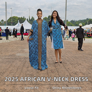 Robe Abaya Dashiki à imprimé africain, col en V, pour femmes, avec garniture en strass, tenue de soirée musulmane - Product Image 2