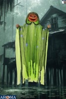 AROMA 4.3Ft Décoration de citrouille lumineuse suspendue avec capuche verte fluo, décor de citrouille LED effrayant pour Halloween, décoration intérieure et extérieure