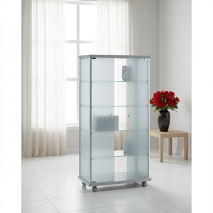 Vitrine moderne avec cadre en aluminium, 75 cm de large, 145 cm de haut, portes en verre gris clair, étagères réglables - Product Image 3