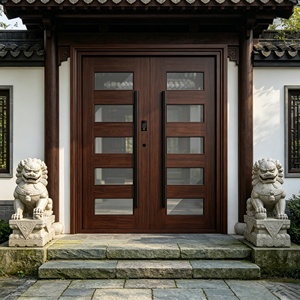 Porte d'entrée double pivotante moderne en aluminium, panneau en verre fumé, porte de sécurité principale de villa avec serrure numérique intelligente - Product Image 4