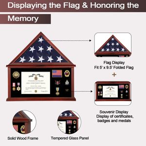 <span class=keywords><strong>Vitrine</strong></span> en bois massif avec <span class=keywords><strong>verre</strong></span> trempé - Boîte à drapeau en acajou pour drapeau plié de 5'x9.5' et support pour certificat - Product Image 3