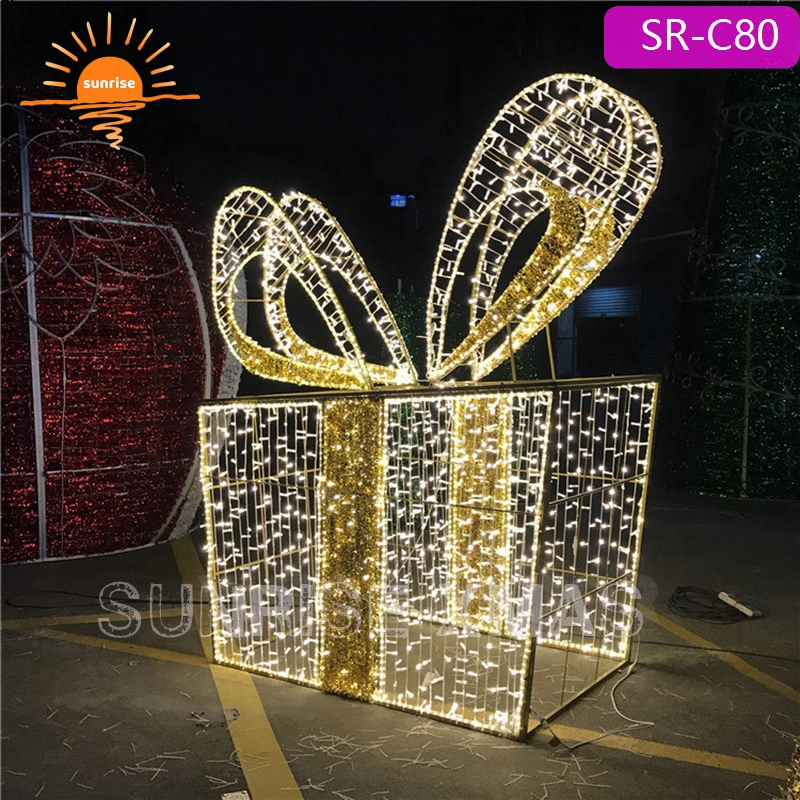 Outdoor 3D Golden Lighted Christmas Gift Boxes for Decoration