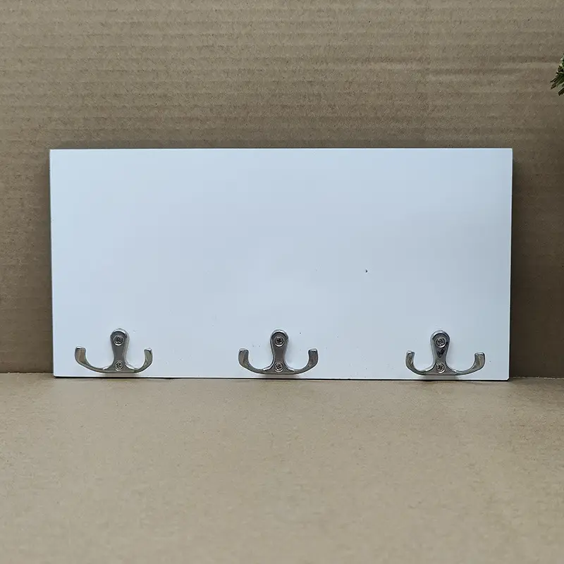 Customized Thick Creative Sublimation Decoration Blank MDF Wooden Wall Hanger With 3 Metal Hooks