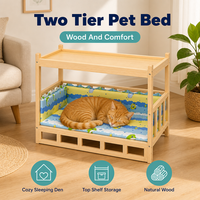 Lit pour animaux à deux niveaux en bois de pin naturel avec coussin rayé, plateau de rangement supérieur et cadre surélevé – Mobilier portable d'été pour animaux