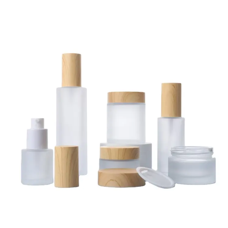 詰め替え可能な化粧品クリームローション包装ボトルすりガラス5g-100gクリームジャー20ml-120mlウッドポンプ付きローションボトル