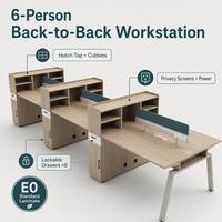 Poste de travail modulaire pour 6 personnes avec panneau de bureau vert foncé, écran de confidentialité écologique, étagère ouverte incurvée, tiroir et armoire à clé