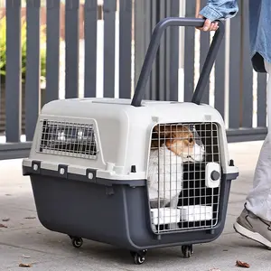 Large Gray Plastic Kennels Rolling Plastic Airline Approved Wire Door Travel Dog Crate Pet Flight Carrier