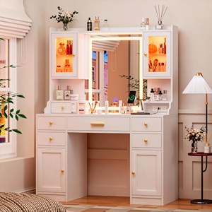 Coiffeuse Moderne Blanche Simple avec Lumières <span class=keywords><strong>et</strong></span> Tiroirs, <span class=keywords><strong>Table</strong></span> de Maquillage Légère en <span class=keywords><strong>Bois</strong></span> pour Dortoir - Product Image 1