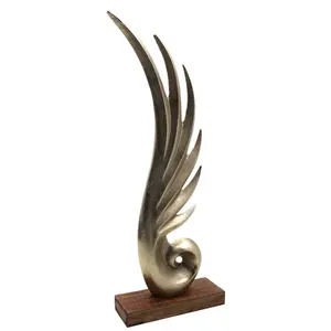 Home Decoration Designer Rough Brass And Aluminium Decorative Feather Sculpture With Wooden Base For Table Top Handmade Custom