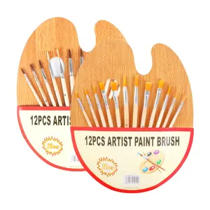 Großhandel anfänger aquarell material-12 Stück Pferdeborsten-Haaröl bürstenset mit Holzfarben-Tablett palette für Künstler und Hobby maler Anfänger-Acrylfarben-Kits