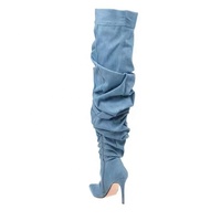Bottes d'hiver pour femmes en denim froissé, à talon haut en cuir, bout pointu, montantes jusqu'au-dessus du genou, style mode automne-hiver