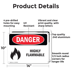 Cartello di <span class=keywords><strong>pericolo</strong></span> in metallo conforme OSHA per materiali altamente infiammabili - Cartello di avvertimento di sicurezza in alluminio resistente e antiruggine - Product Image 2