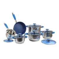 Pegangan silikon biru, peralatan masak Stainless Steel 12 buah