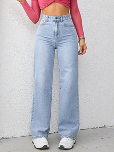 Jeans de Cintura Alta y Pierna Ancha para Mujer, Simples, de Color Sólido, Lavado Claro, Denim, Largos, Casuales, 100% Algodón, Corte Holgado, Moda de Primavera - Product Image 3