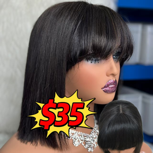 Promotion 35$ Perruques en cheveux vietnamiens SDD, lisses comme de la soie, avec dentelle et frange, 10 pouces # 4, # Cheveux humains vierges bruts noirs 99J - Product Image 1