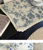 Set de table vintage français à motif floral avec bordure en dentelle bleu beige rectangulaire pour la décoration de la salle à manger