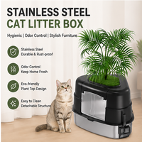Bac à litière pour chat décoratif dissimulé dans un coin, en acier inoxydable, design fermé et couvert, couvercle avec plante artificielle, facile à nettoyer pour les chats de grande taille