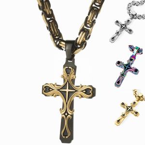 Collar con Colgante de Cruz Grande y Pesada de Acero Inoxidable 316L Chapado en Oro, Joyería al por Mayor, Colgantes Tribales Esmaltados en Color Plata y Negro - Product Image 1
