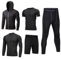 Ensemble de sport cinq pièces pour homme, ajusté, couleur unie, séchage rapide, manches longues, en soie de lait, élasthanne et polyester, pour le fitness