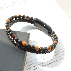 Men's Volcanic Tiger Eye Beaded <b>Bracelet</b> PU Leather Braided Black Brown Stone Jewelry Gift 7.5 8.5 9 Inches - Product Image 3
