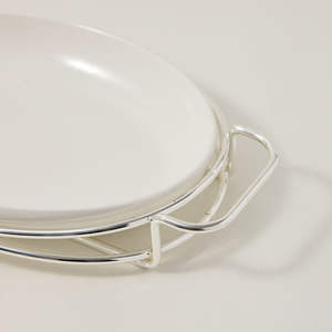 Modern Handpainted Stainless Steel Oval <b>Plate</b> with <b>Stand</b> Silver Finish Dishwasher Safe - Product Image 2