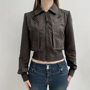 Veste utilitaire vintage américaine pour femmes, fermeture éclair, multi-poches, patchwork, col rabattu, taille cintrée, coupe courte - Product Image 5