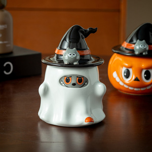 Tasse en céramique fantôme citrouille avec couvercle et poignée, design de dessin animé, pour fête d'Halloween - Product Image 4