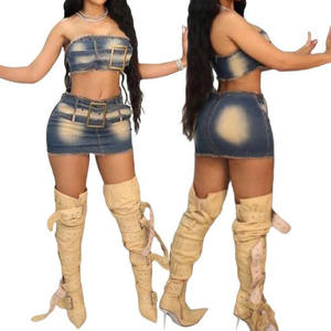 Zomer Hot Selling Strapless Tube Top + Stretchy Denim Mini Wrap Rok Mode 2 Pc Rok Sets - Product Image 2