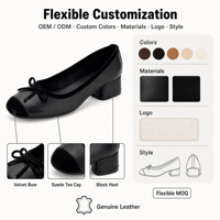 Chaussures habillées à enfiler pour femmes en cuir véritable, à bout carré, avec nœud, style ballerines, bout patchwork, talon carré bas, pour l'été